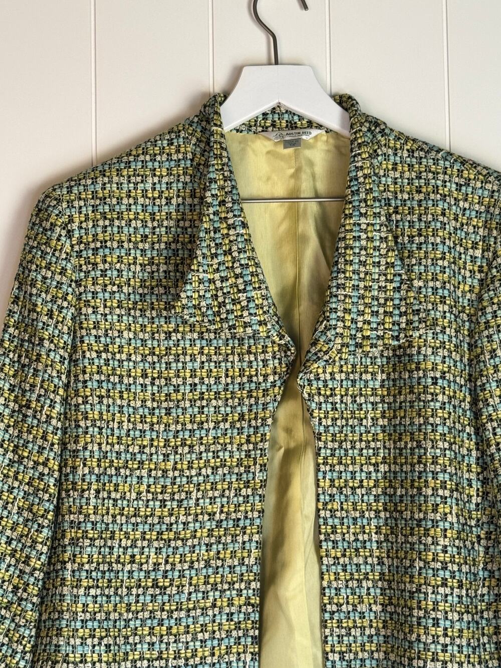 Austin Reed Blazer Womens 14 Multicolor Tweed Open Front Lined Cotton Blend